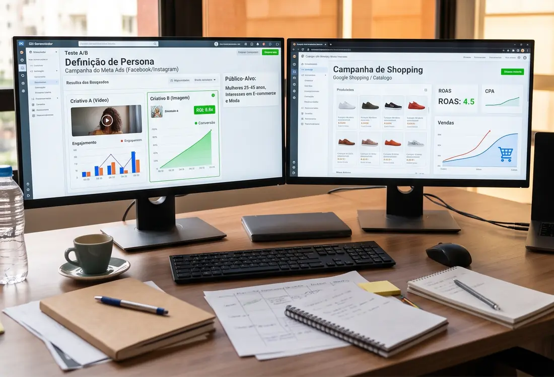 Dois monitores com teste A/B de criativos no Meta Ads e campanha de Google Shopping com ROAS 4,5