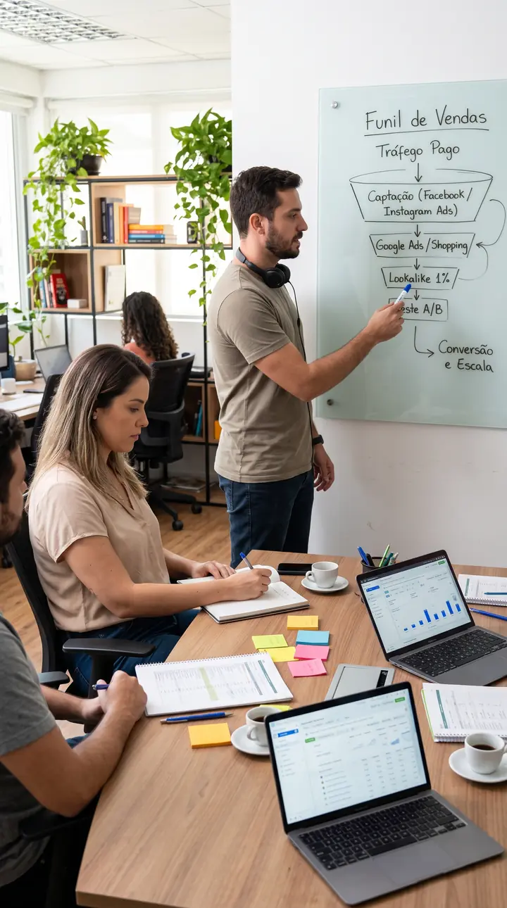 Gestor de tráfego explicando no quadro o funil de vendas: captação no Facebook e Instagram Ads, Google Ads, público semelhante, teste A/B, conversão e escala
