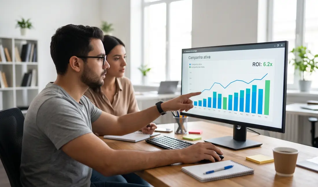 Gestor e cliente acompanhando no monitor uma campanha ativa com ROI de 6,2x